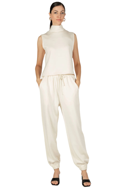 Front view of the P Cill Butter Modal Joggers, featuring a high-waisted design with a comfortable elastic waistband and a relaxed yet tapered fit.