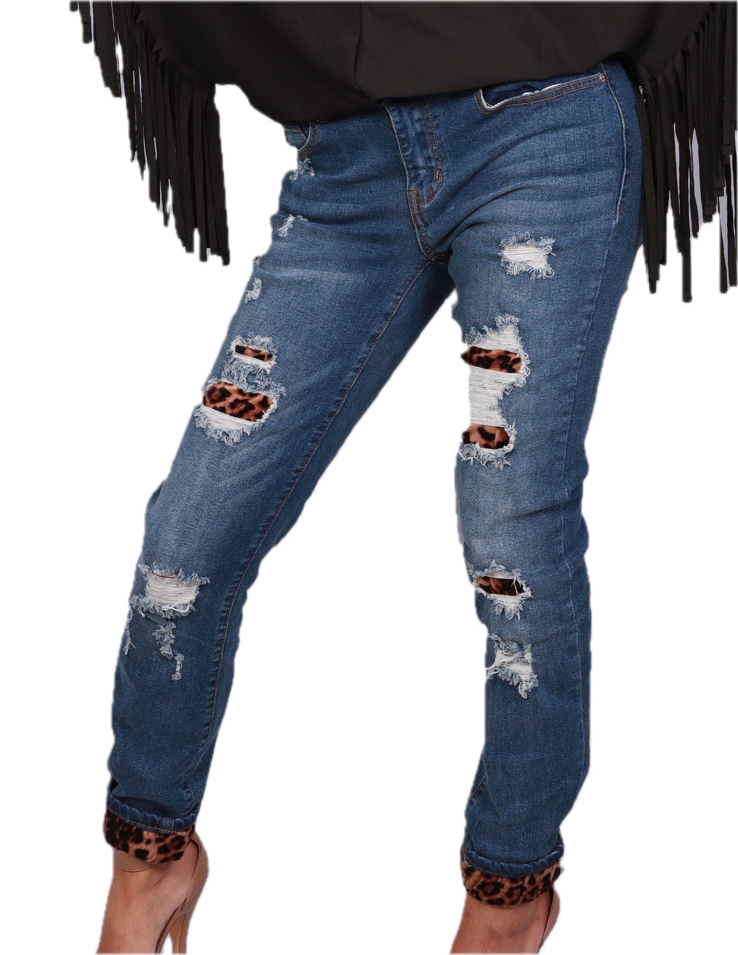 Code WINTER15 - Mid Rise Skinny Jeans with Leopard Patches