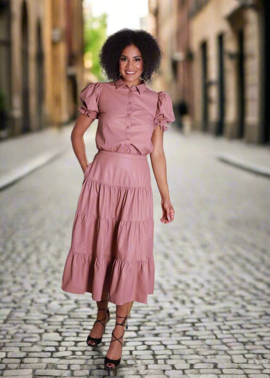 Shelia's Faux Leather Boho Tiered Skirt