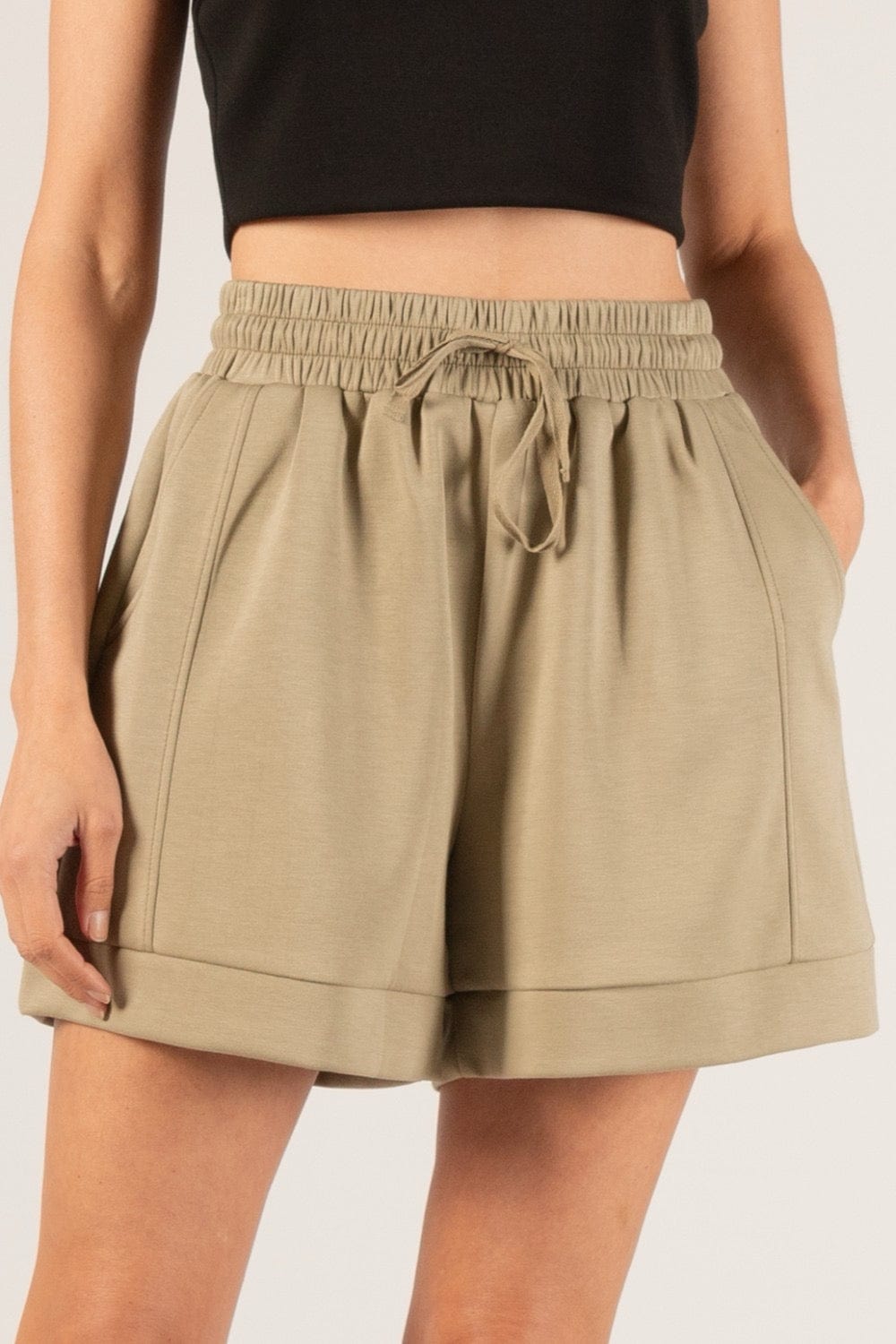 Close-up of the P Cill Butter Modal Shorts, highlighting the ultra-soft, buttery modal scuba fabric with a smooth, premium texture.
