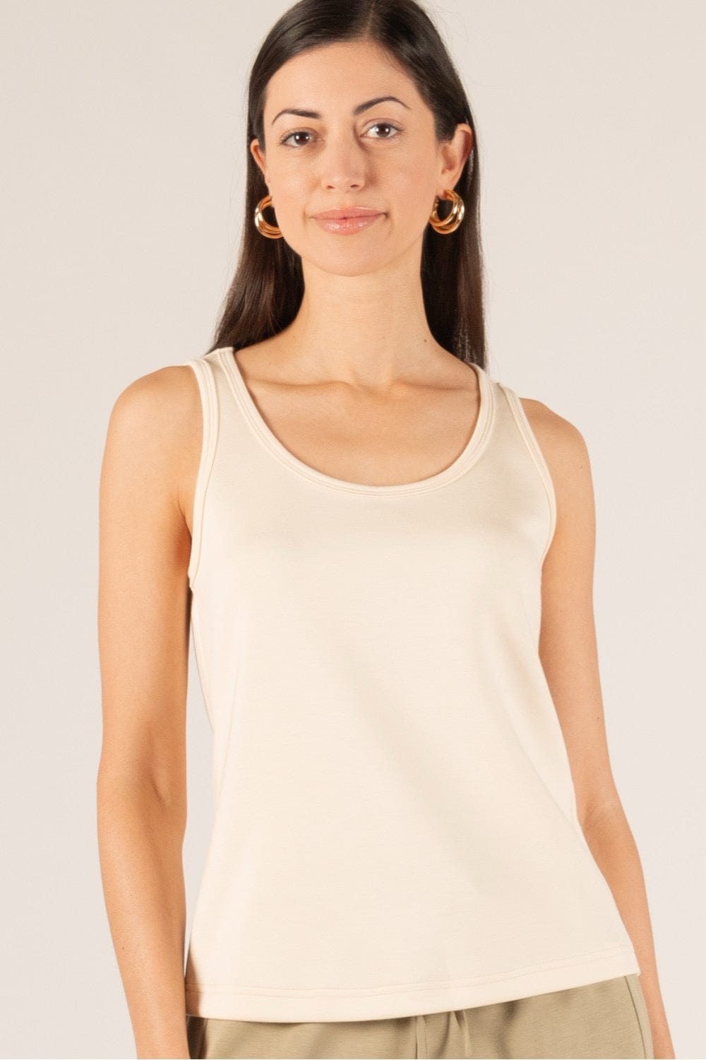 Front view of the P Cill Butter Modal Tank, featuring a sleek, minimalist design with a flattering fit and premium stretch fabric.