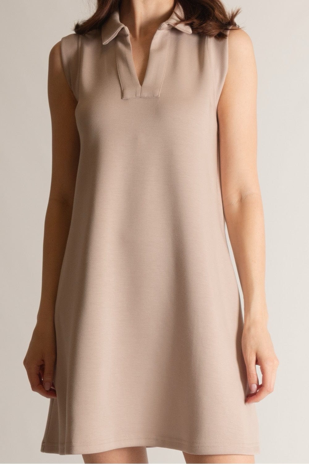 Close-up of the P Cill Butter Modal Collared Dress, showcasing its ultra-soft, buttery modal scuba fabric with a smooth, premium texture.