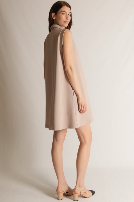 Side profile of the P Cill Butter Modal Collared Dress, highlighting its tailored fit, smooth drape, and elegant design.