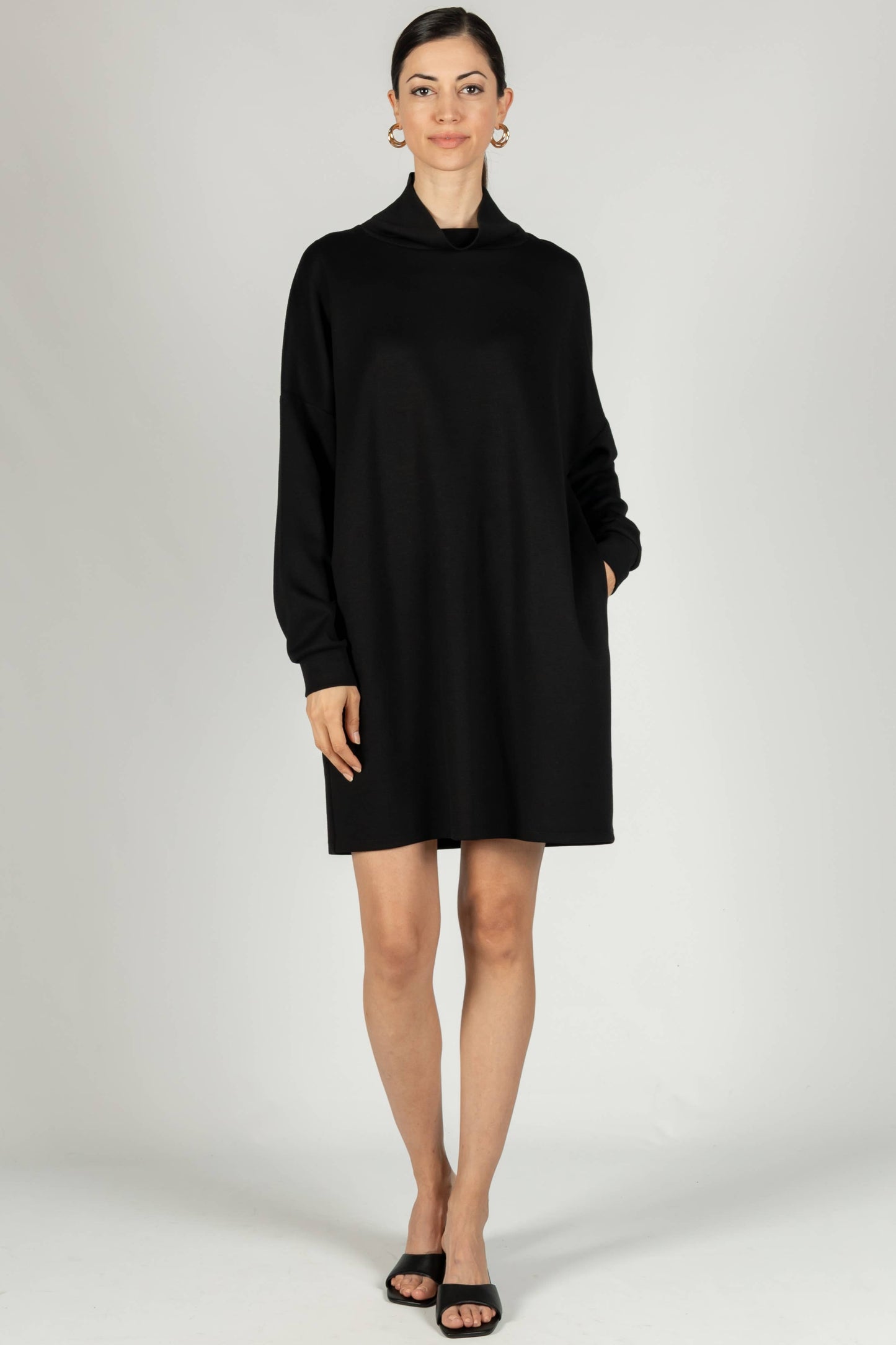 Front view of the P Cill Butter Modal Cowl Neck Dress with pockets, emphasizing its stylish yet functional design for effortless wear.