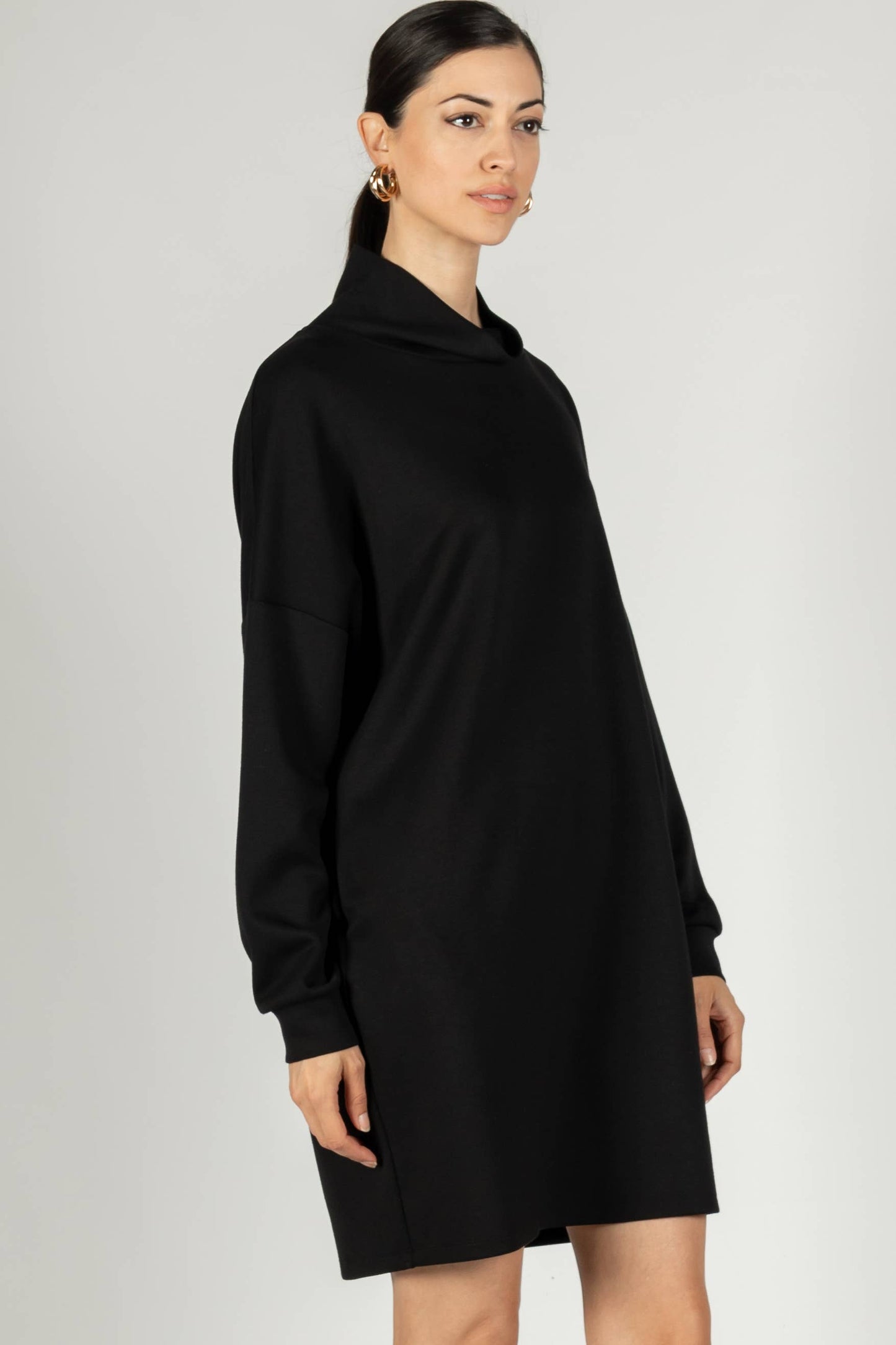 Close-up of the P Cill Butter Modal Cowl Neck Dress, showcasing its ultra-soft, buttery modal scuba fabric with a smooth, luxurious texture.