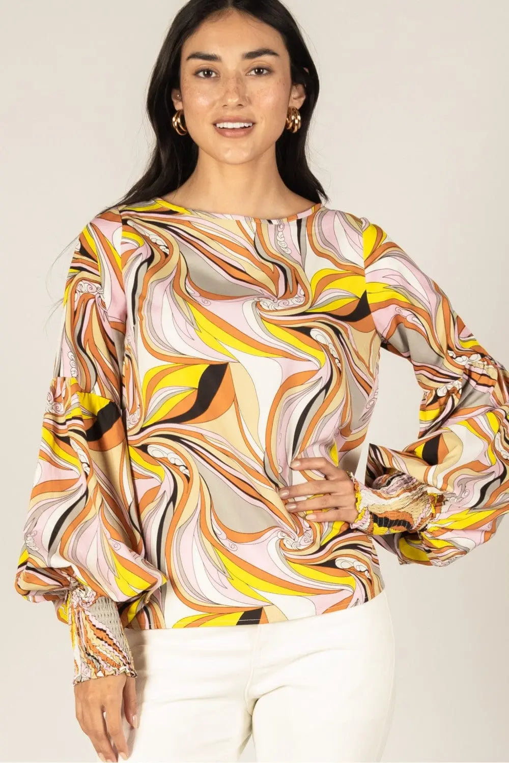 Kaleidoscope Print Ballon Sleeve Cuff Top