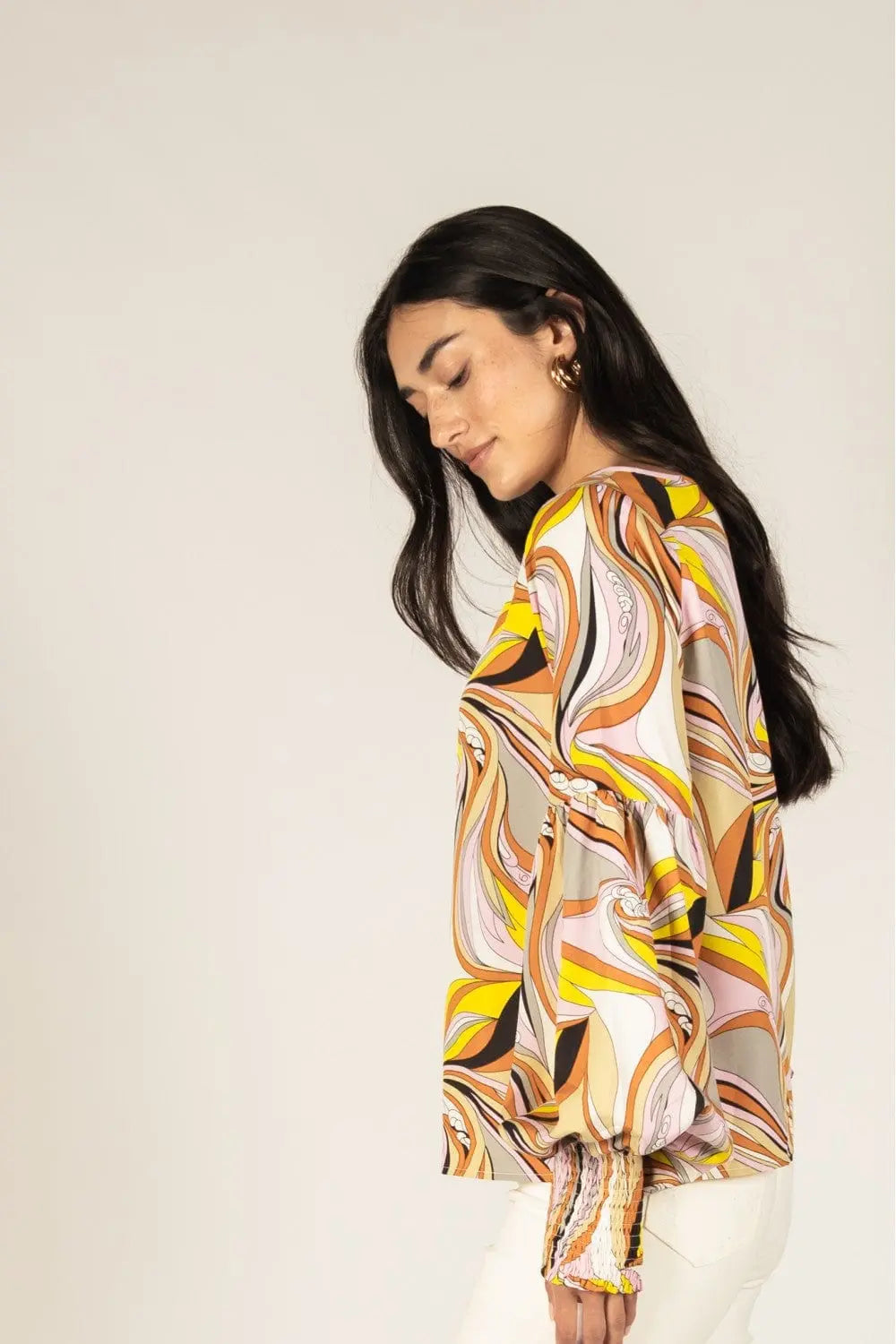 Kaleidoscope Print Ballon Sleeve Cuff Top