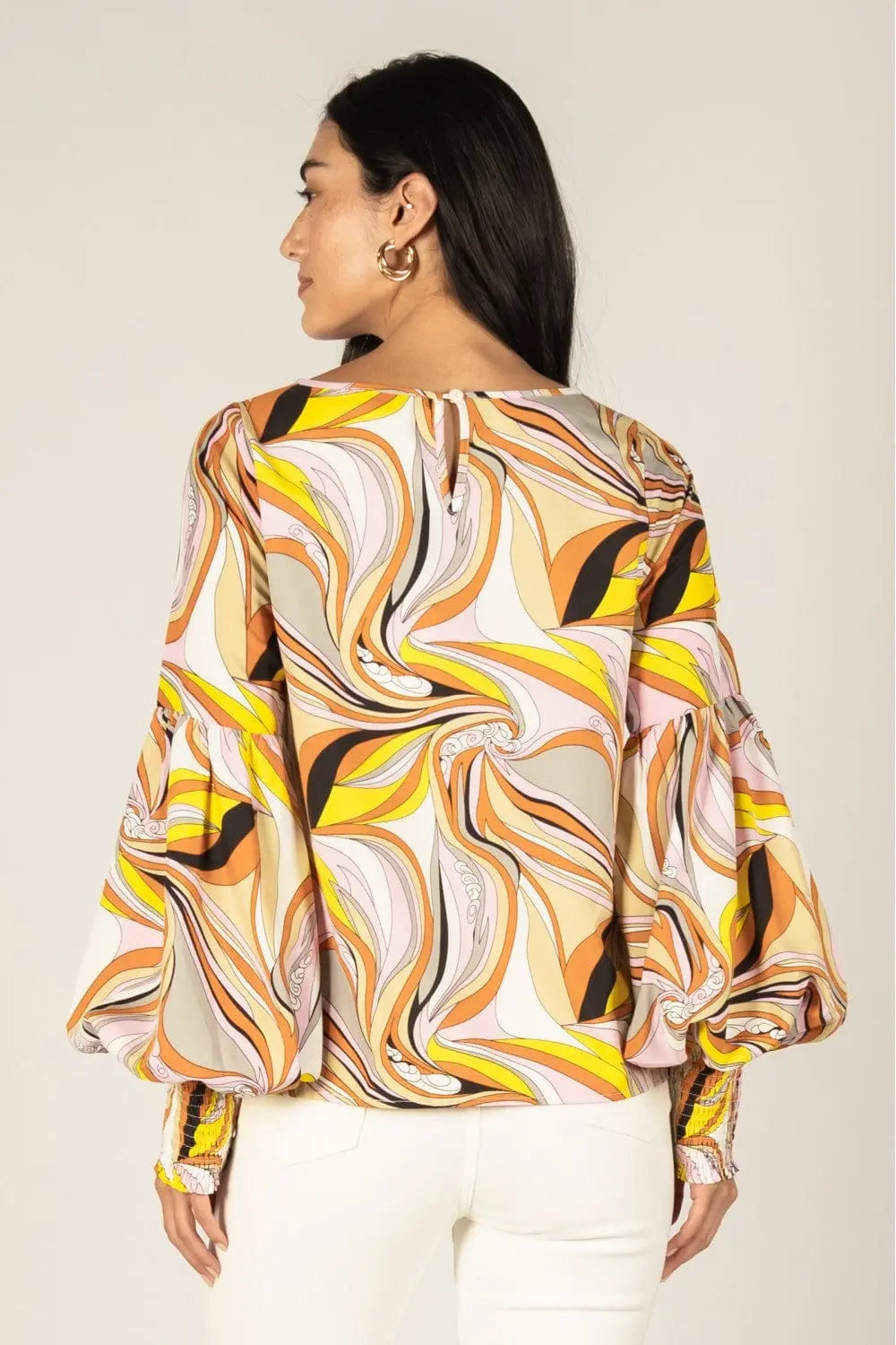 Kaleidoscope Print Ballon Sleeve Cuff Top