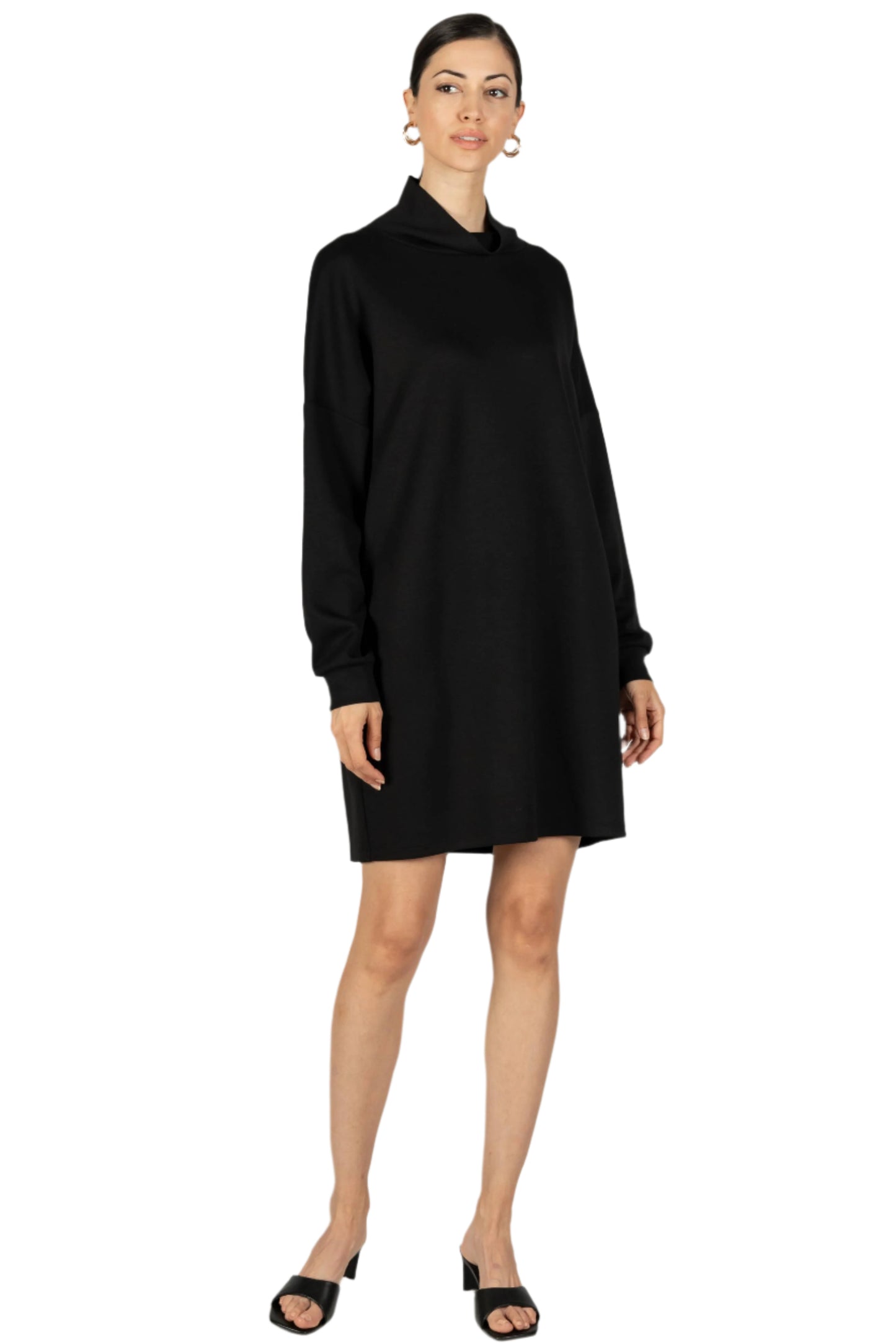Elegant P Cill Butter Modal Cowl Neck Dress in soft scuba fabric, featuring a draped cowl neckline and flattering silhouette