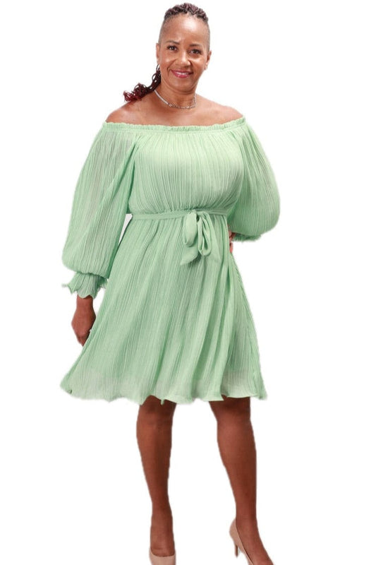 Woman wearing a light green off-shoulder dress on a white background