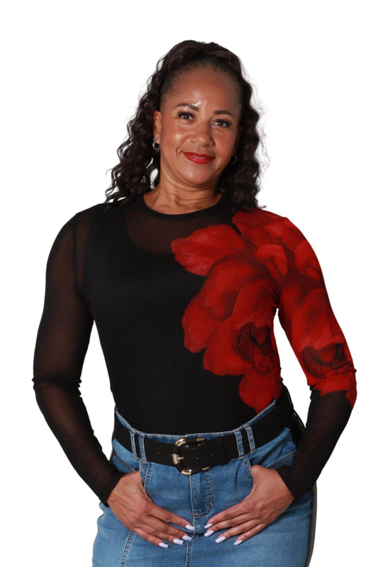 Crimson Bloom Mesh Top