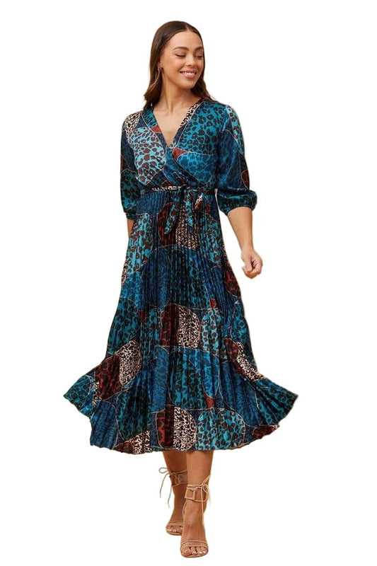 Satin Animal Print Pleated Dress with Tie Belt
