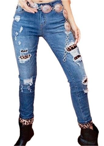 Mid Rise Skinny Jeans with Leopard Patches